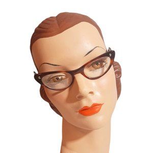 True Vintage 1950s Brown Tortoise Shell Plastic Cat Eye Glasses Fancy Sides MCM
